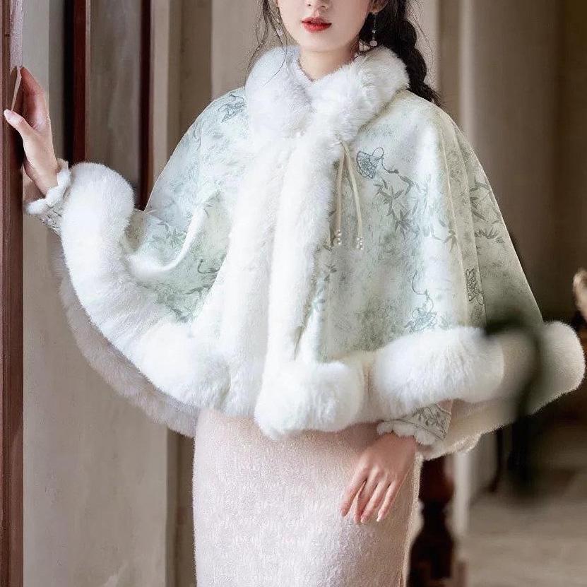 931# Women's Versatile Cheongsam Cloak: Fleece-Lined, Faux Otter Fur Collar Shawl, Thickened for Warmth