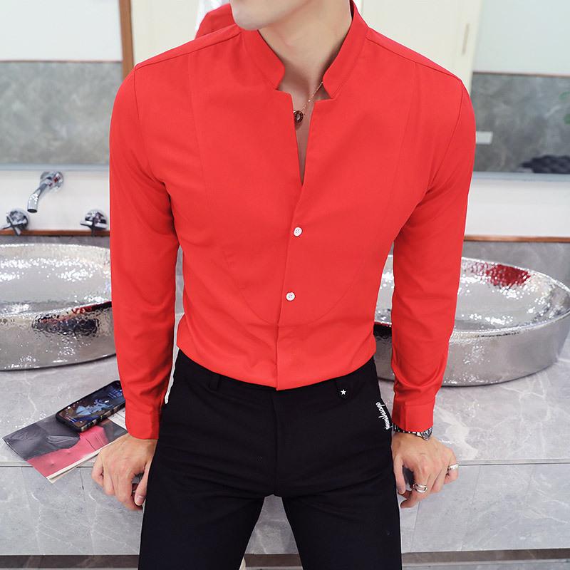 Trendy Stand-Collar Men's Patchwork Long-Sleeve Shirt - Three Colors, Plus Size, Hairstylist KTV Workwear Top