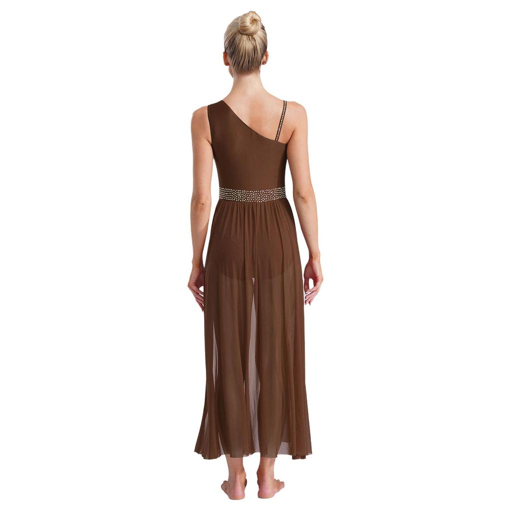 Womens Lyrical Dance Dress Glittery Rhinestones Asymmetrical Shoulder Sleeveless Split Sheer Mesh Performance Gown