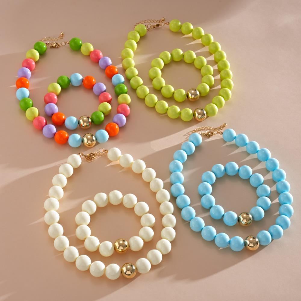 Einfacher Modischer Bunter Dopamin Acryl Runder Perlen Halskette Armband für Frauen Sommerurlaub Schmucksets Zubehör Geschenke