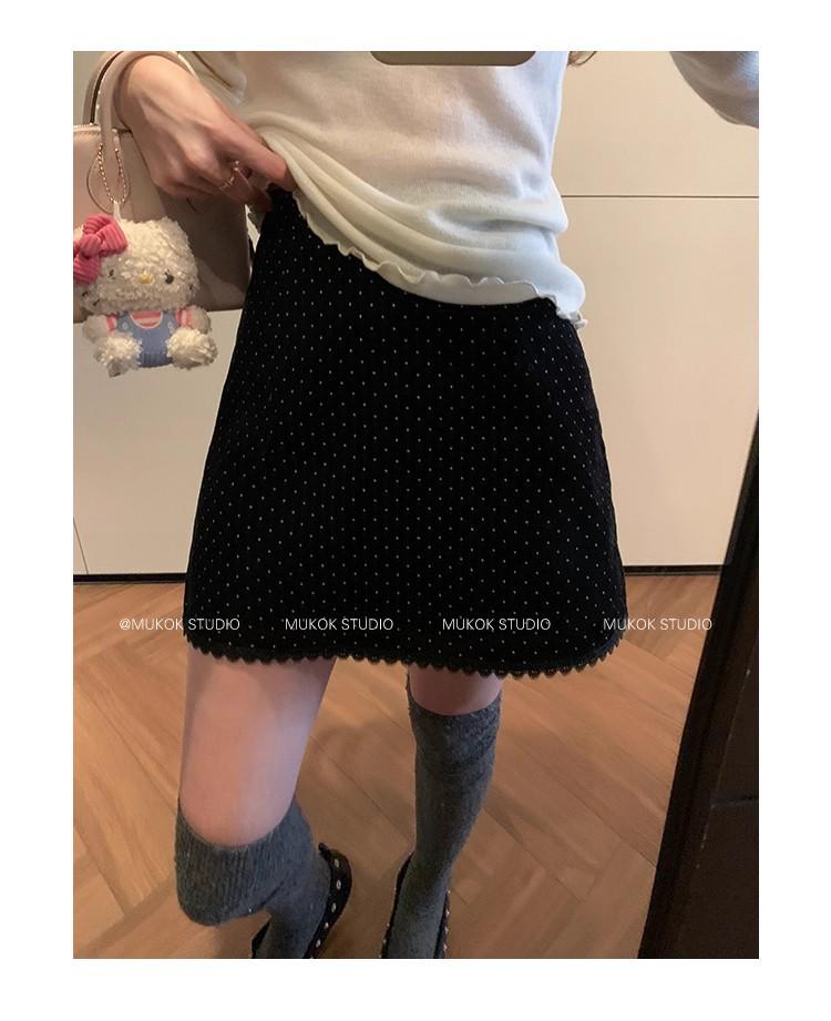 Korean High-Waisted Corduroy Polka Dot A-Line Skirt L чёрный
