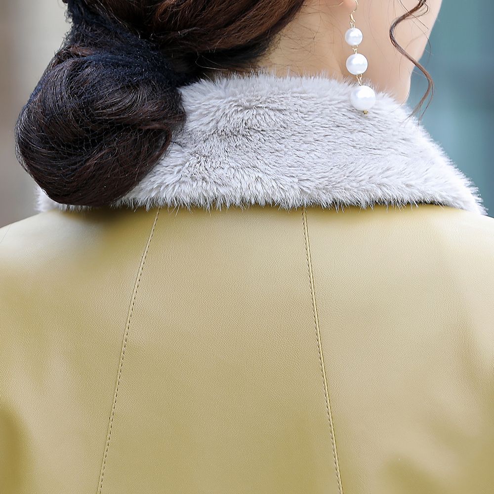 Damskie futro z grubym aksamitem na zimę, skórzana kurtka wiatrówka o średniej do długiej długości