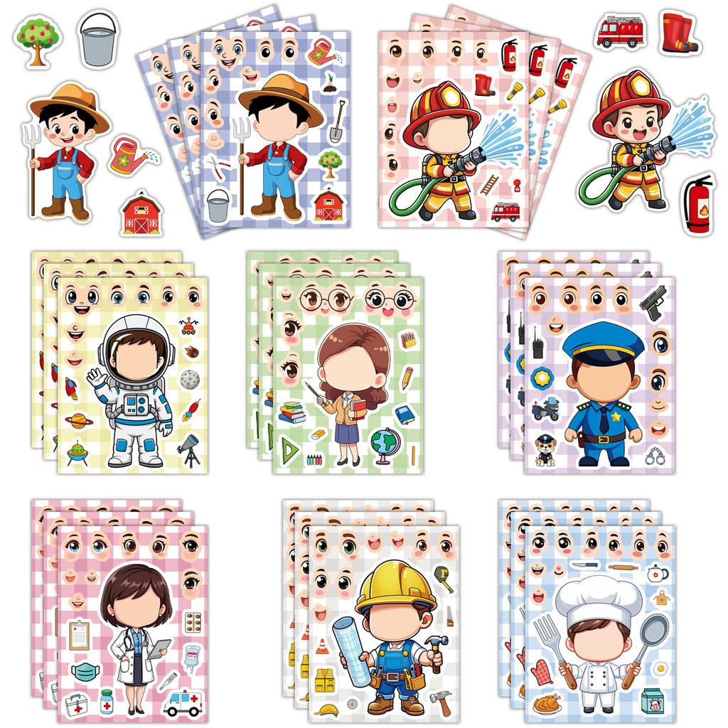 8pcs Different Career Cute Cartoon Character Puzzle Graffiti Stickers  For Laptop Notebook Phone Thermos Diy Stickers Toys Gift