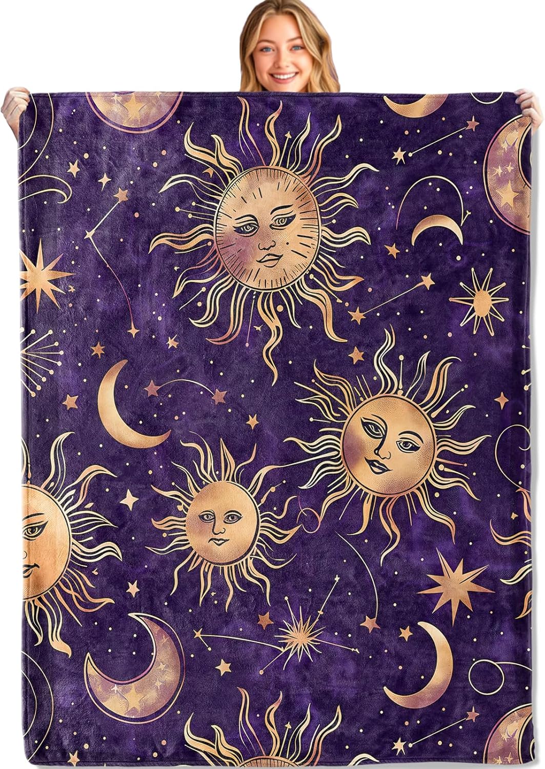 Textilien Unisex Coral Celestial Sun And Moon Throw Blanket - 50X60in,Ultra Soft, Cozy Lightweight Flannel,Cosmic Starry Night Mystical Blankets - Gift