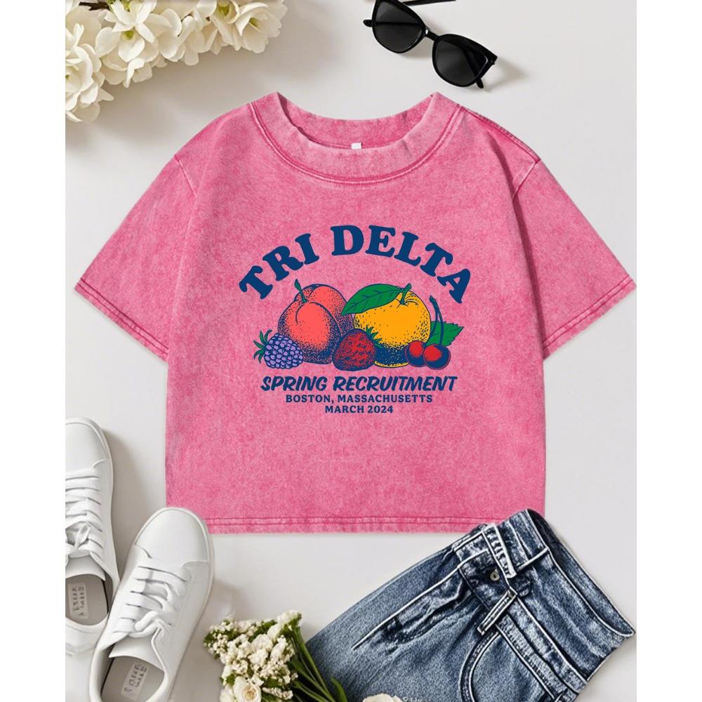 Tri Delta Fresh Fruits Spring Recruitmentprint Women Washed T Shirt Slim Soft T Shirts Cotton Clothes Top
