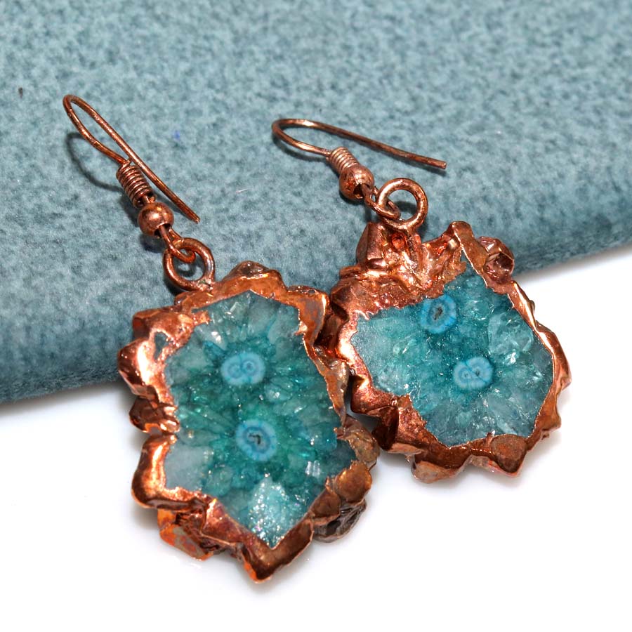 Green Solar Quartz Electroform Earrings 1.9" New Year Jewelry Fashion Sale Q3R14