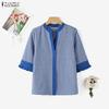 ZANZEA Women Casual V-Neck Loose 3/4 Sleeve Plaid Print Blouse
