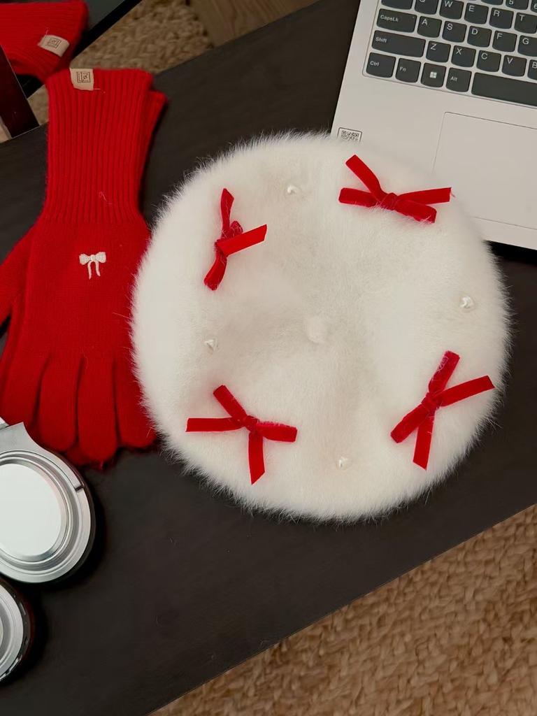 Winter Hats Woman Rabbit Fur Bow Beads Beret Women Sweet Painter Cap French Berets Woman Red Black White Flat Cap