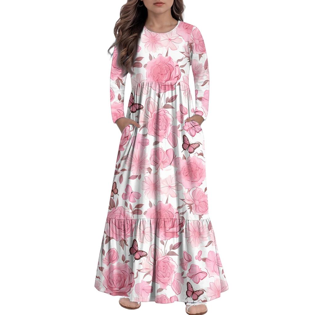 Girls' Maxi Dress Casual Holiday Dresses - Long Sleeve Dress With Pockets For 4-14Y