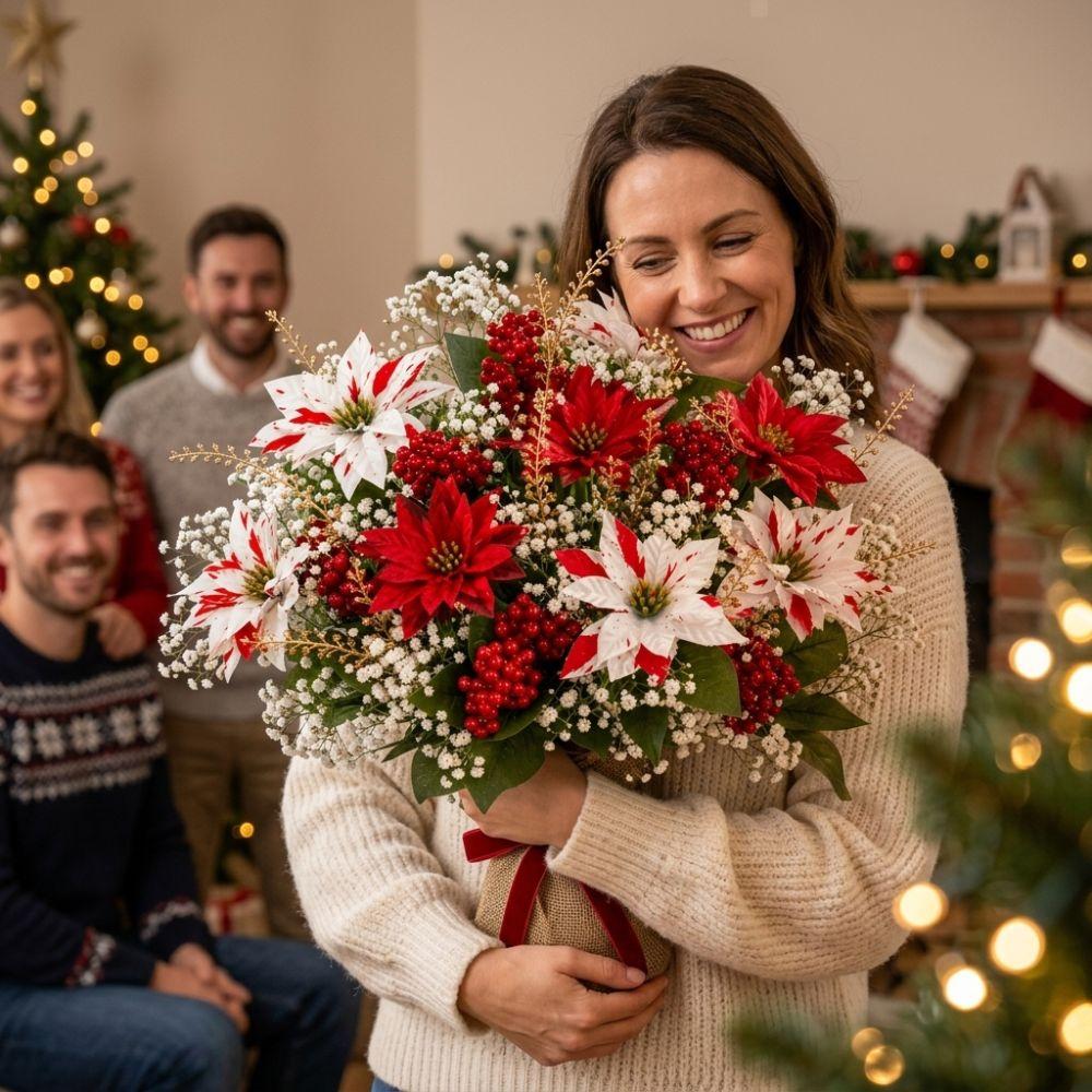 UV Resistant Artificial Poinsettia Bouquet Realistic Red Berries Christmas Flower Arrangement Fade Resistant Lush Leaves