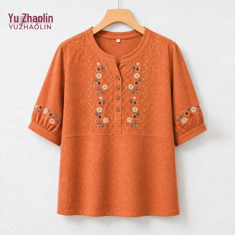 YUZHAOLIN Women s Pure Cotton Embroidered Summer Top & Set 4XL