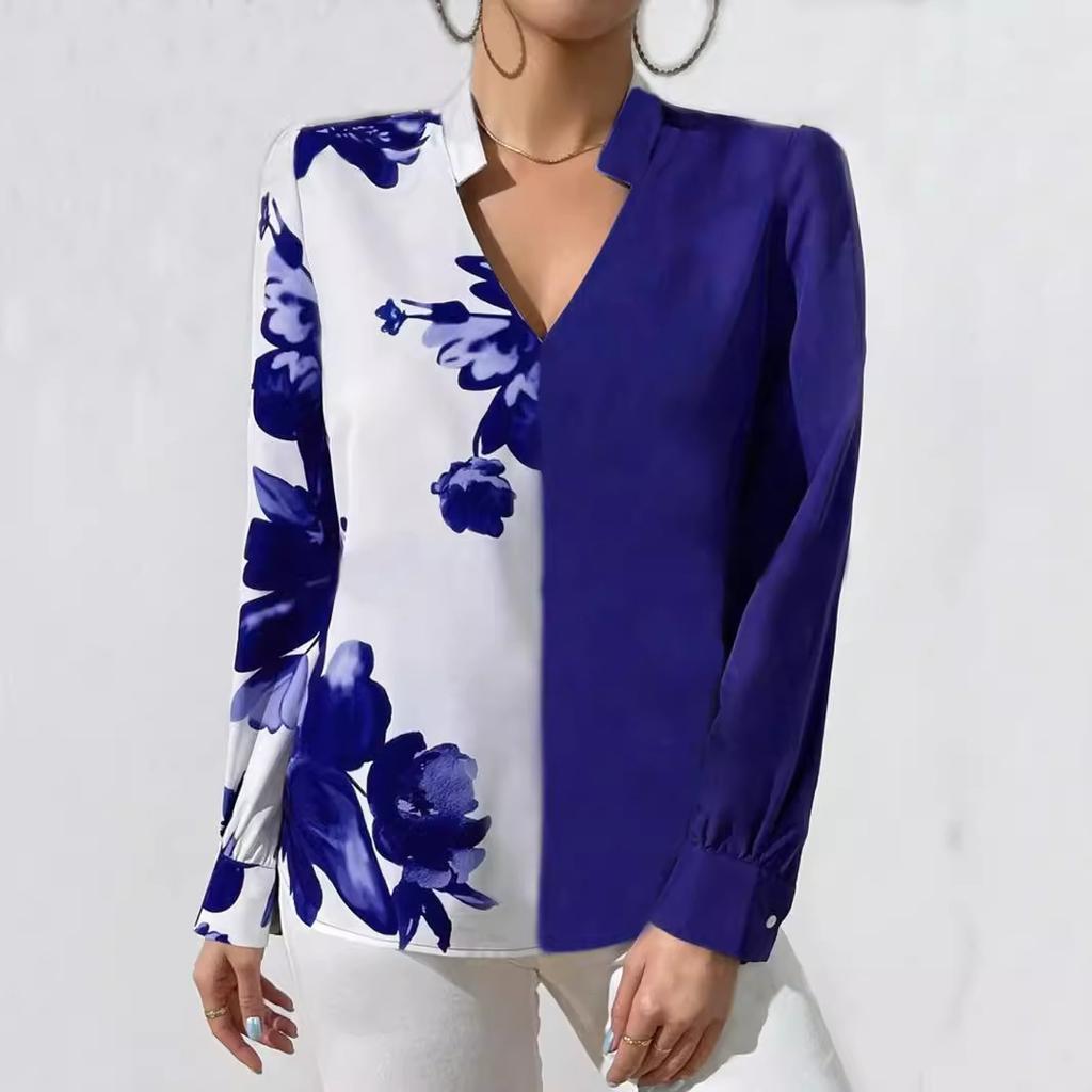 Women's Long Sleeve V-neck Printed Slim Shirt