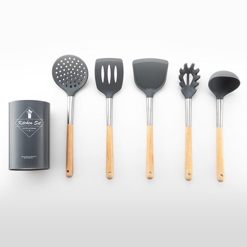 6 PCS Silicone Cooking Kitchen Utensil Set Wooden Handle Kitchen Baking Tools Kitchenware Accessories Storage Bucket