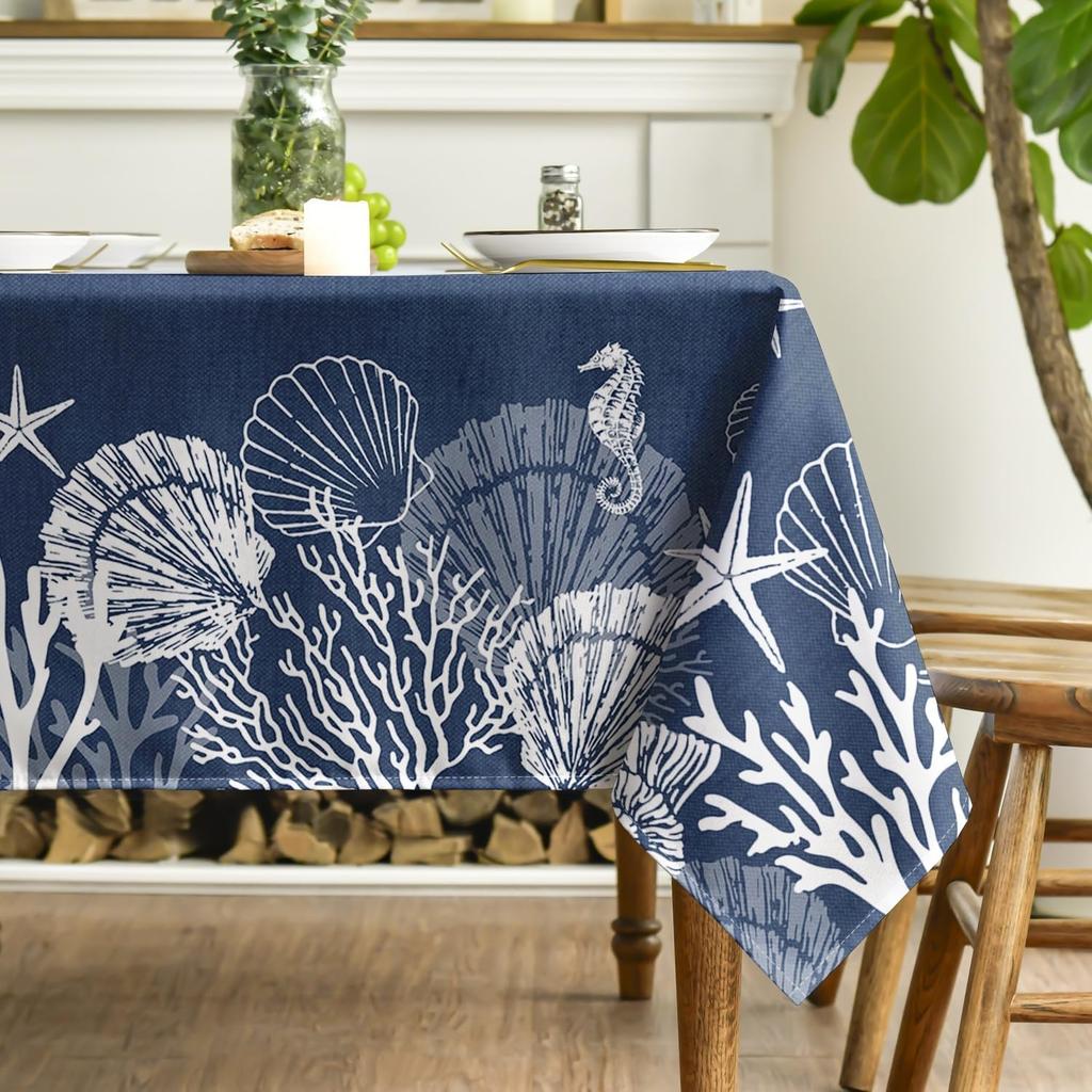 Summer Ocean Rectangle Tablecloth for Table Decor Sealife Shells Starfish Seaweed Conch Dining Table Cloth Holiday Party Decor