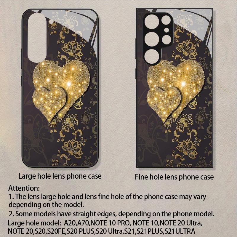 Coque de téléphone 2D à motif cœur doré brillant pour Samsung S26 S25 S24 S23 S22 S21 S20 A56 A55 A36 Housse de protection en verre trempé
