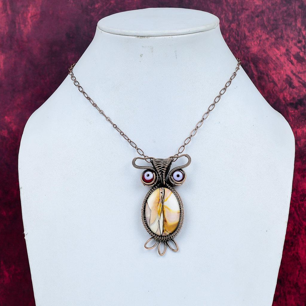 Brecciated Mookaite Gemstone Pendant Red Color Evil Eye Jewelry Copper Wire Wrapped Owl Pendant
