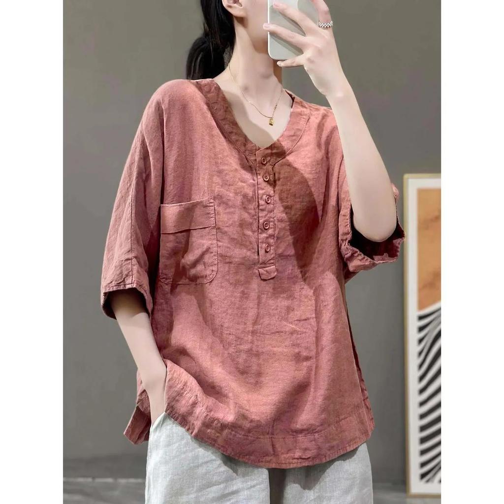 Damen Sommer Dünnes V-Ausschnitt Einfarbig Vintage T-Shirt Kurzarm Lässig Locker Pullover Oberteile