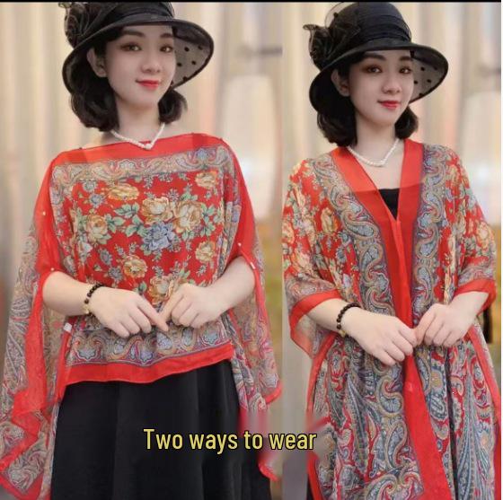 Women's Retro Ethnic Silk Scarf with Frog Button Shawl for Sun Protection