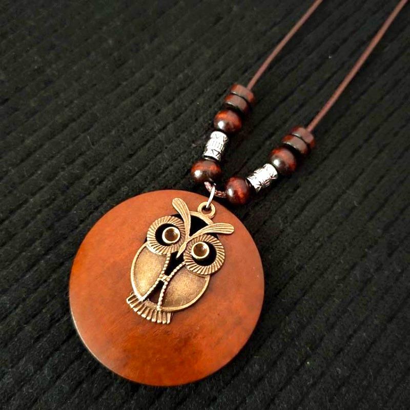 Vintage Wooden Owl Leaf Pendant Necklace Boho Ethnic Style Metal Hollow Leaves Necklaces Long Wax Rope Chain for Women Gifts