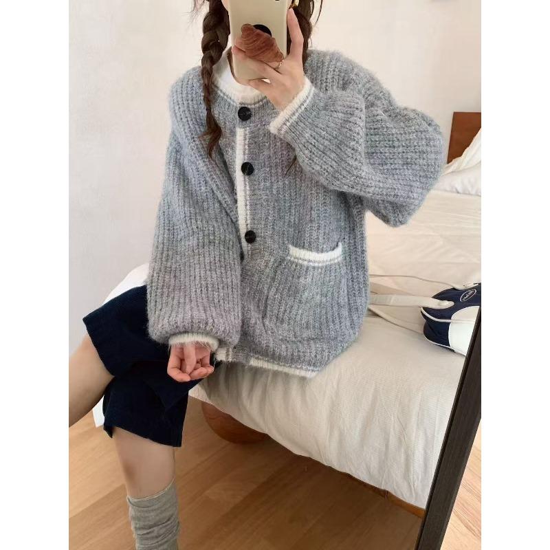 Autumn and winter new retro lazy wind knitted cardigan women's contrasting colors versatile loose soft waxy sweater jacket