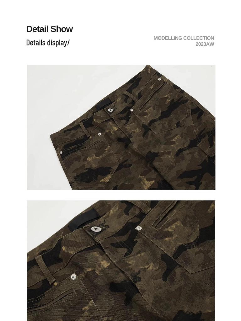 Unisex American Retro Camo Slim Fit Multi-Pocket Jeans with Micro Flare