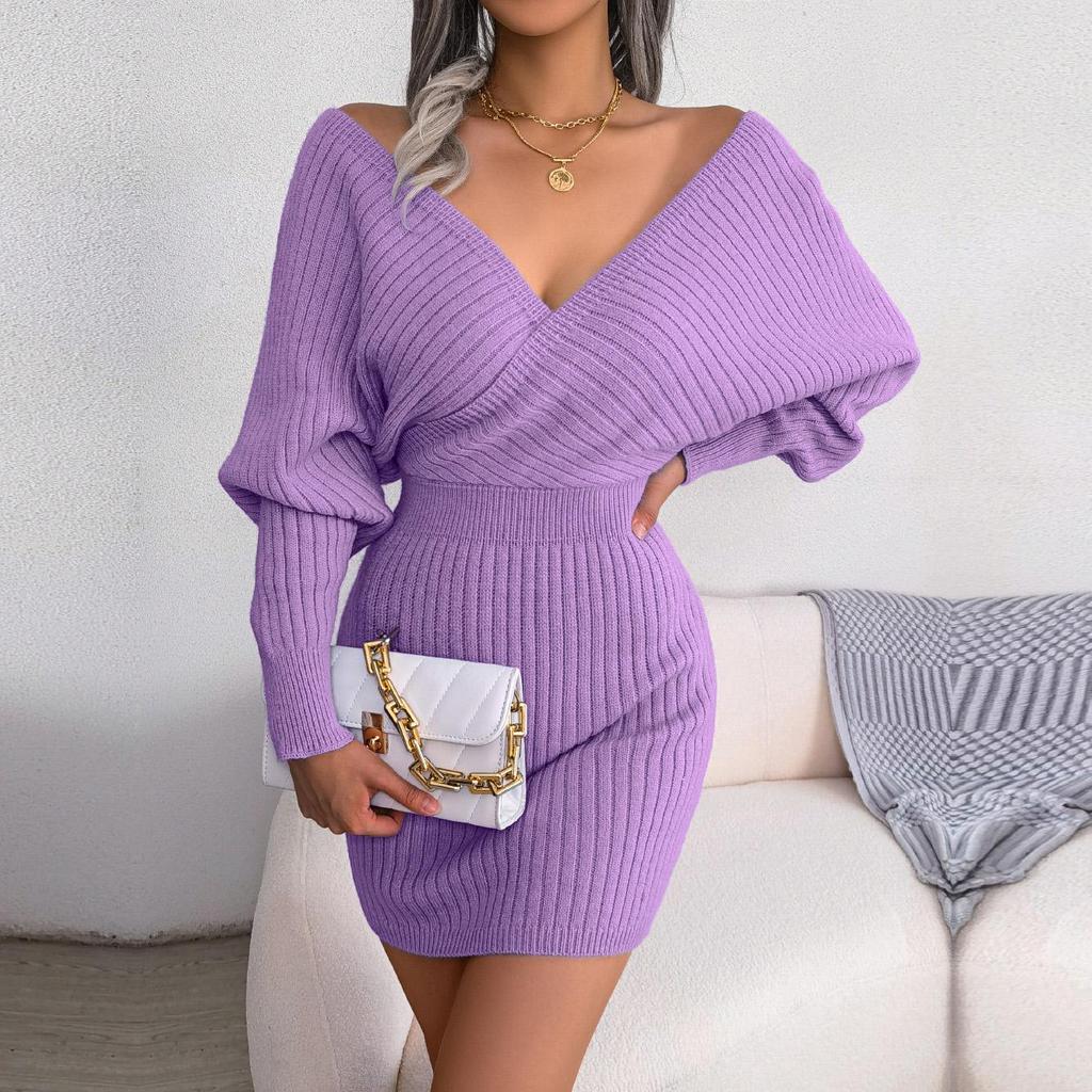 Autumn Winter Sexy Cross V Neck Batswing Sleeve Solid Color Wrap Hip Woolen Knit Dress