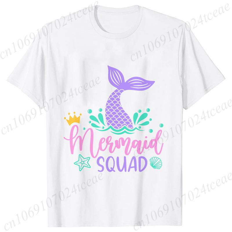 Mermaid Squad Print Female T-Shirts Short Sleeve Tee Clothing Mermaid Girls Birthday Party Women Tops Birthday Squad Female Tops
