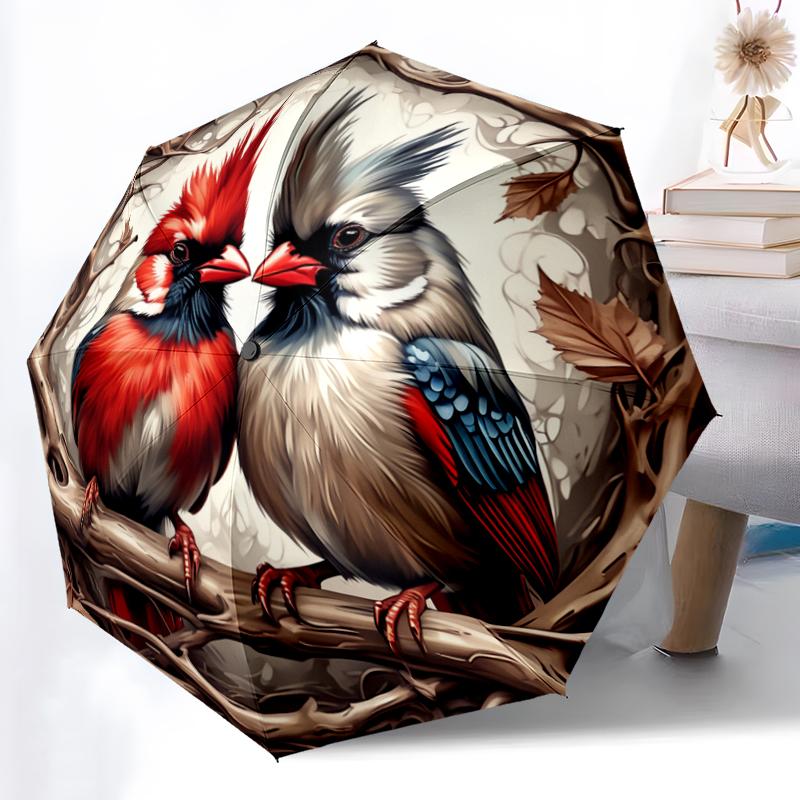 1pc Sturdy 8-Bone Auto Umbrella, Birds In the Branch Umbrella, Digital Printed, Foldable Umbrella for On-the-Go Outdoor Use