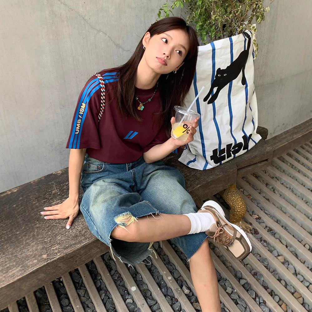 

Women s Summer Retro Color Block Striped Half Sleeve T-Shirt - Casual Loose Fit for Couples L (100-120 lbs) червоний/коричневий