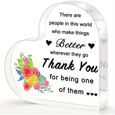 Heart-Shaped Acrylic Thank You Souvenir with Floral Design - Inspirational Gratitude Gift, Contemporary Desktop Decoration for Farewell, Retirement, O