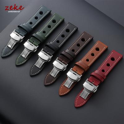 20mm 22mm Genuine Cowhide Watch Band Vintage Oil Wax Leather Strap for Men Women Butterfly Buckle Universal Breathable Bracelet