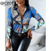 QICED Women's Fashion Casual Solid Color Print Long Sleeve POLO Neck Blouses & Shirts