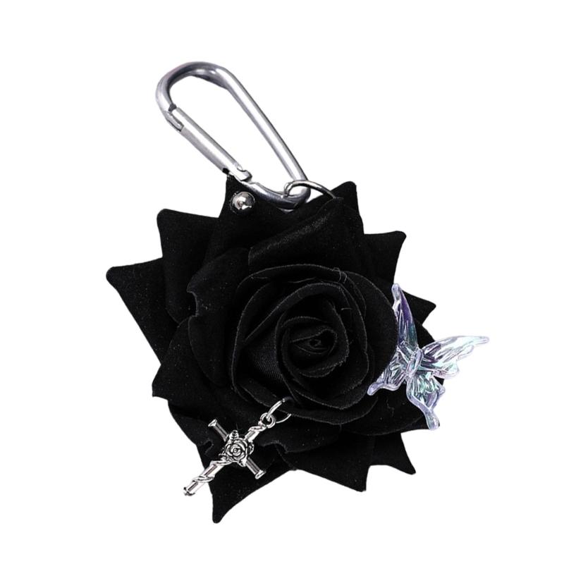 Stylish Artificial Flower Keychain Butterfly Rose Design User Friendly Key Holder Portable Decoration For Handbags чёрный