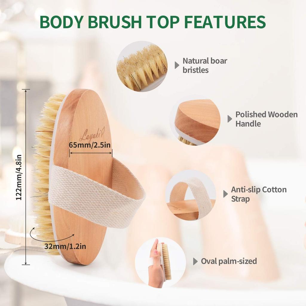 Soft Wood Body Brush Long-Round Bath Brush for Skin Scrubbing Dry Body Brush for Bathroom Use