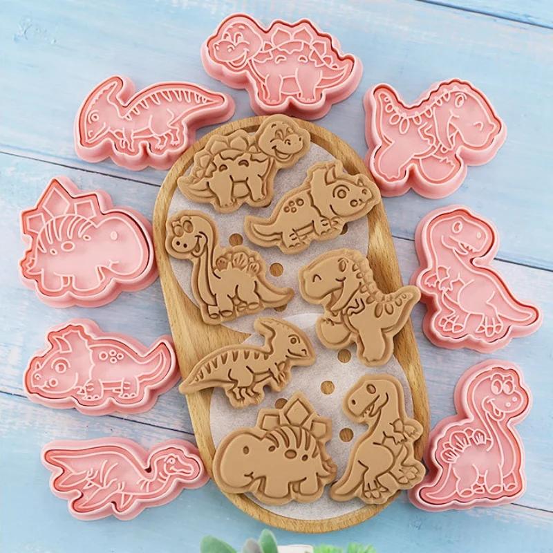 8Pcs Cookies Cutters Set Dinosaur Plastic Cartoon Pressable Biscuit Mold Confectionery Cookie Stamp Baking Pastry Bakeware Tools