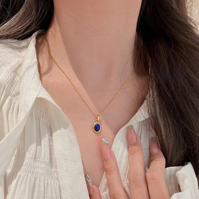 Vintage Oval Lapis Lazuli Necklace Earring Set Women Retro Geometric Alloy Jewelry With O-Link Chain
