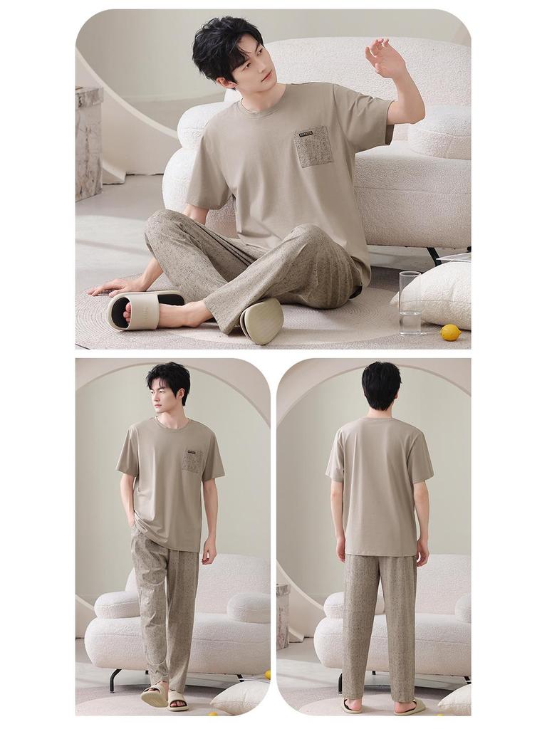 Men's Summer Cotton Pajama Set: Short Sleeve Top & Long Pants, Loose Fit, Outdoor & Home Wear