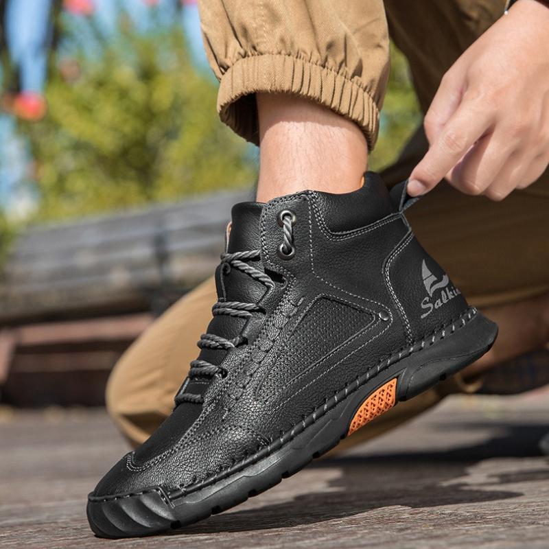 Women/ Men's PU Leather Boots, Men's Fashionable Handmade Stitched Ankle Boots, Flat Bottomed Lace Up Casual Shoes