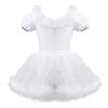 Girls Christmas Dance Dress Feather Trim Short Puff Sleeves Decorative Buttons Sequined Mesh Leotard Skating Costume