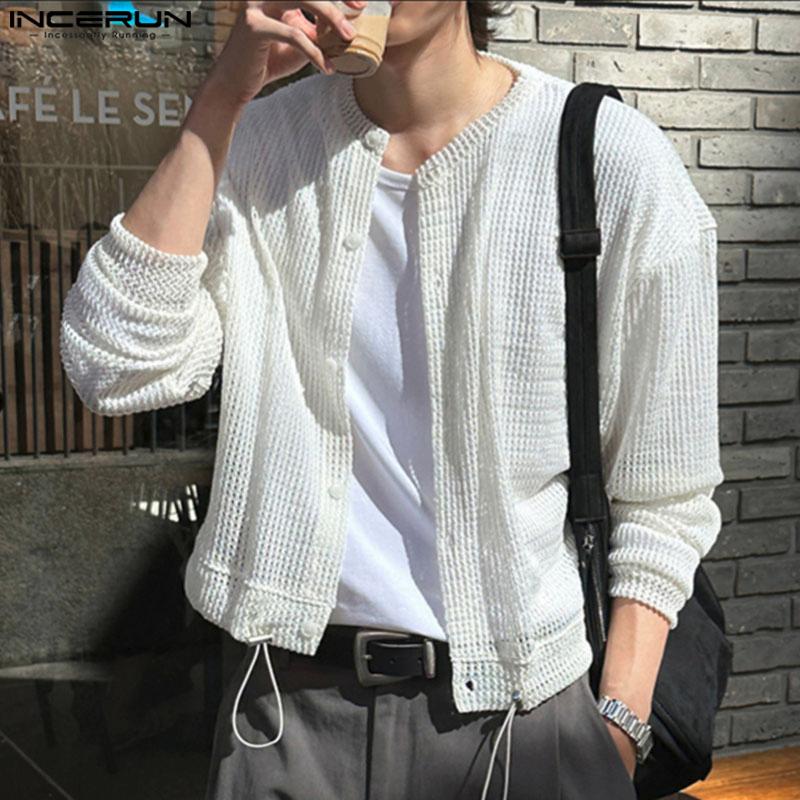 INCERUN Oversized Men Long Sleeve Hollow Webbing Casual Loose Cropped Tops Shirts