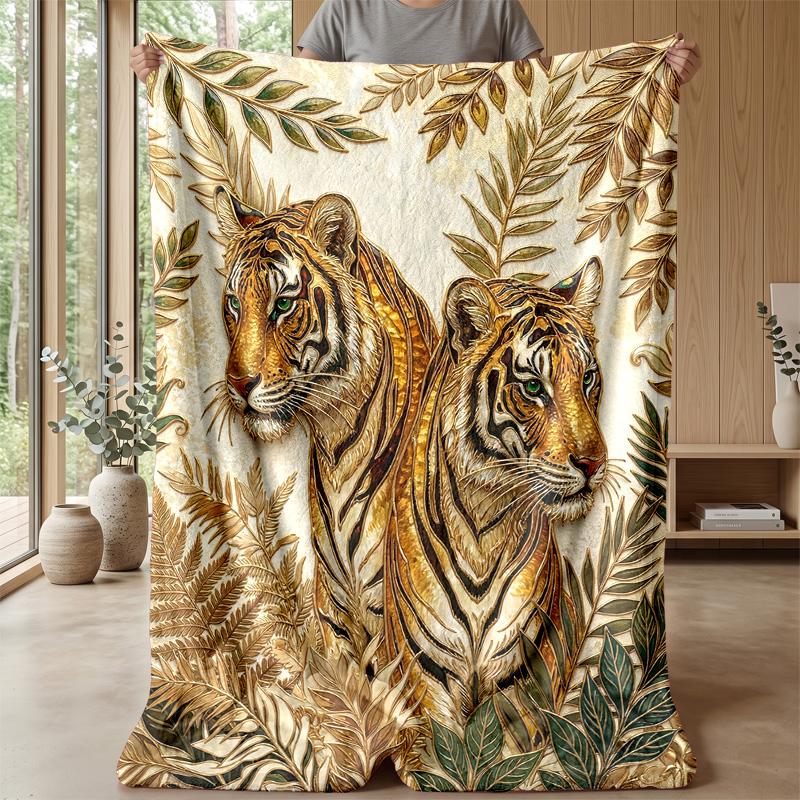 Golden Tiger Majesty Theme Blanket Lightweight Warm Flannel Blanket Decorative Throw Blanket for Home Decoration
