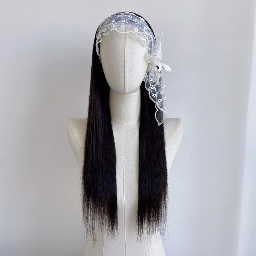 Douyin Lace Bow Headband Long Straight Wig for Girls - Black Full Cover Hairstyle