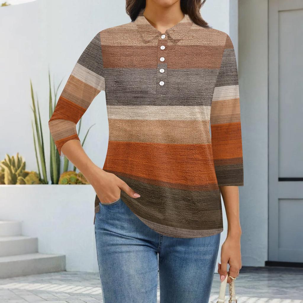 Women's Fashion Casual Lapel Short 3/4 Sleeve Print Shirt Women's Button Up Tops