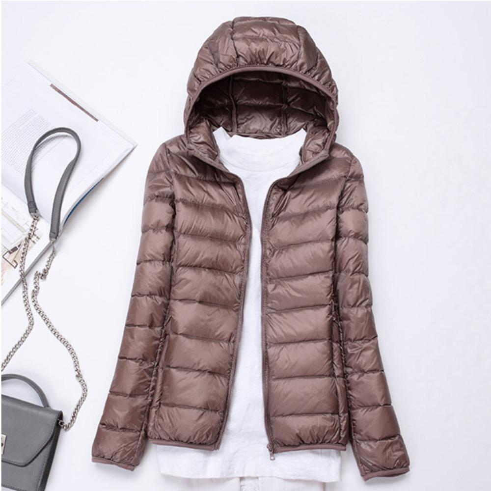 Women's Hooded Long Sleeve Puffer Jacket Slim Fit Lightweight White Duck Down Winter Coat