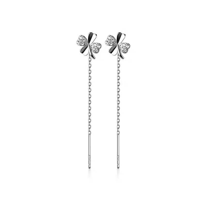 Four-leaf clover earline women's niche design temperament long ear hole earrings round face showing thin tassel versatile ear jewelry