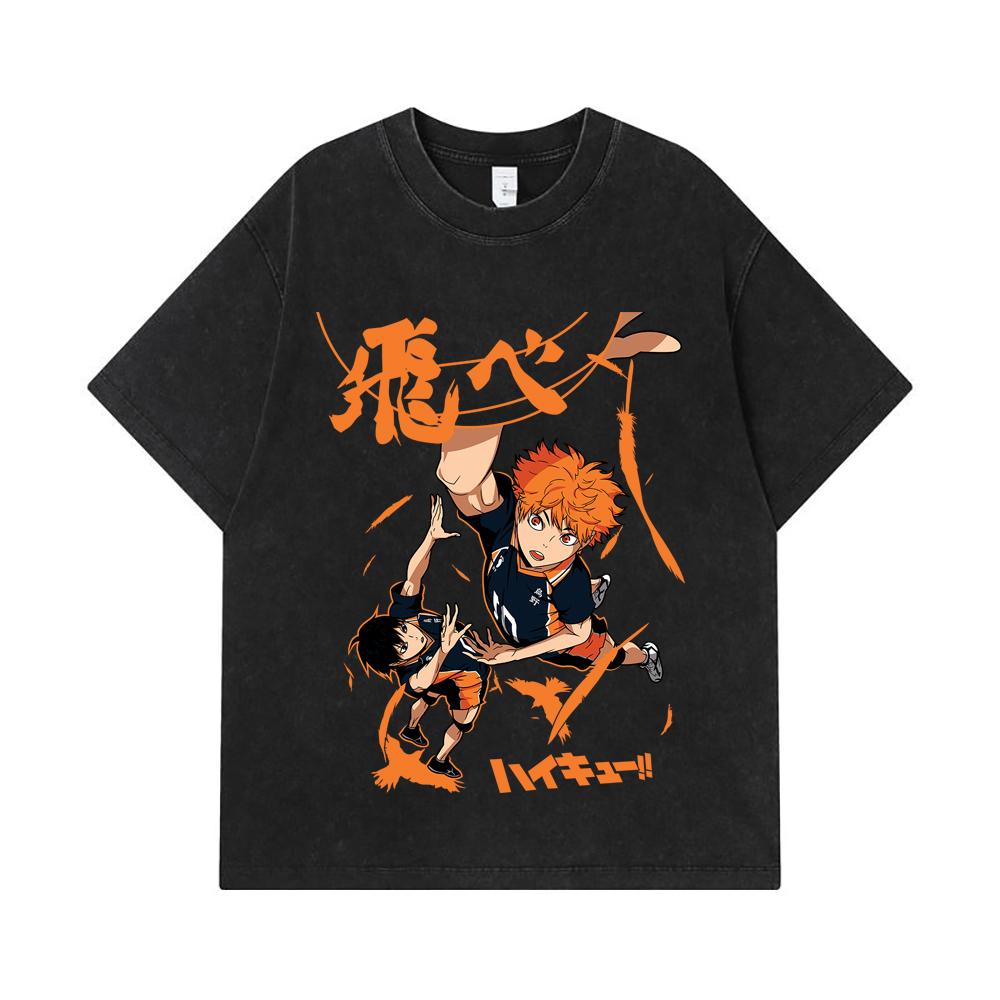 275 GSM Washed T-shirts 100% Cotton Haikyuu V10 Hinata Tobio Print Unisex Heavy Cotton T Shirt