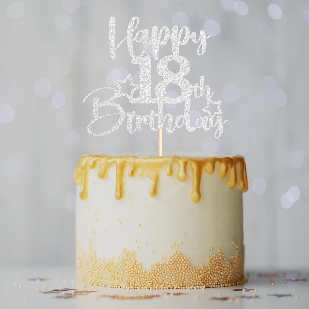 Sotpot 1 Pack 18th Birthday Cake Topper Double-sided Silver Glitter Cake Topper with Star Pattern Cake Decoration for Happy 18th Birthday Party Cake