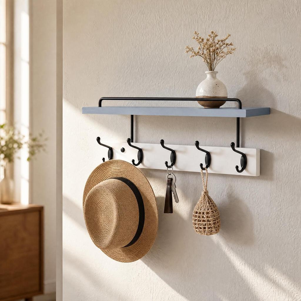 Entryway Shelf with Hooks Compact Wall-Mounted Coat Rack for Hallway