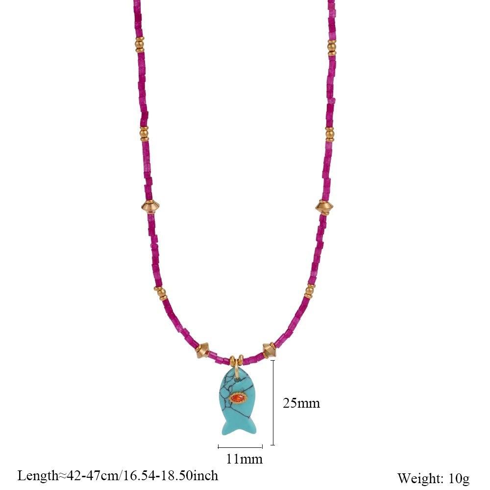 Cylinder Stone Bead Fish Pendant Necklace Colorful Choker Necklace Ocean Style Necklace  Summer