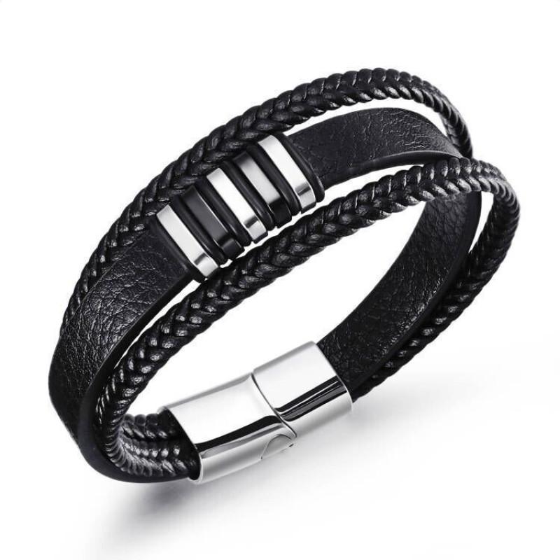 Mens Handwoven Leather Stainless Steel Bracelet Vintage Hip Hop Style Adjustable Length